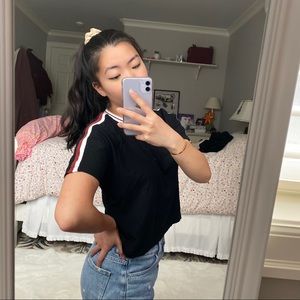 PacSun Black Cropped Tee w Striped Sleeve + Collar